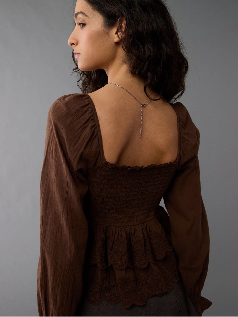 American Eagle Outfitters Chocolate Brown Smocked Eyelet Peasant Top - Picture 2 of 6
